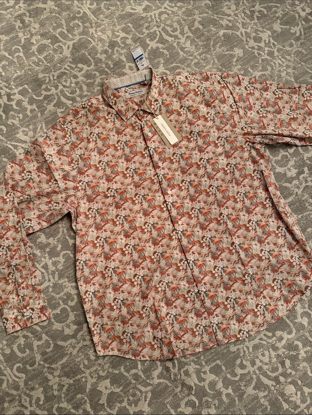 Men's Floral Button-Up Shirt in Coral and White